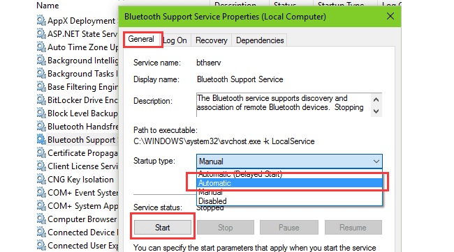 Phương pháp 2: Thiết lập tùy chọn khôi phục dịch vụ Bluetooth Support