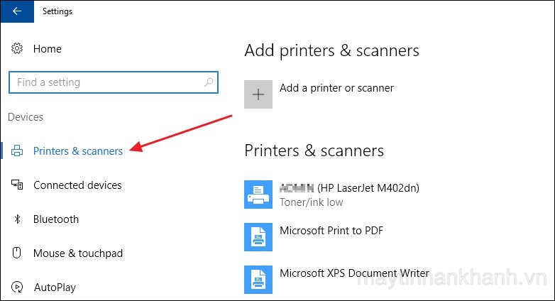 Nhấn chọn Printers and Scanners